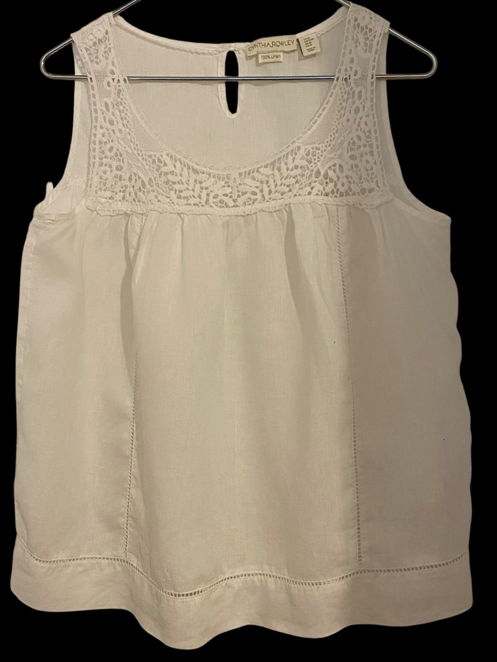 Cynthia Rowley White Crochet Yoke Sleeveless Summer Top 100% Linen